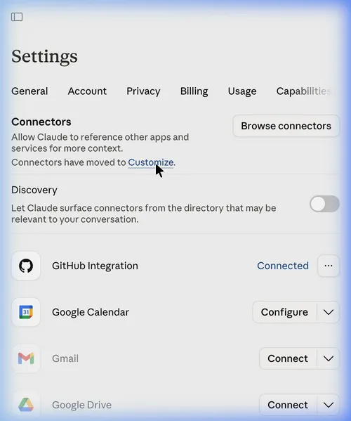 Claude settings showing the Customize button