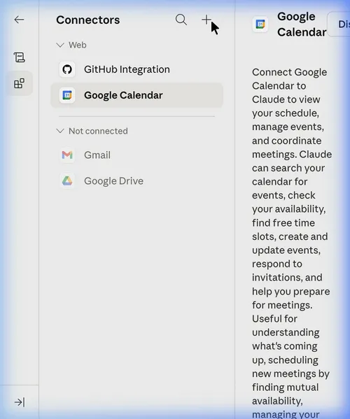 The Add connector button in the Claude sidebar