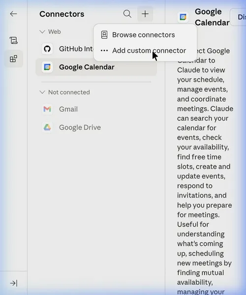 The Add custom connector option in the menu