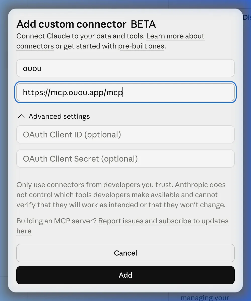 The custom connector dialog with ouou name and URL filled in