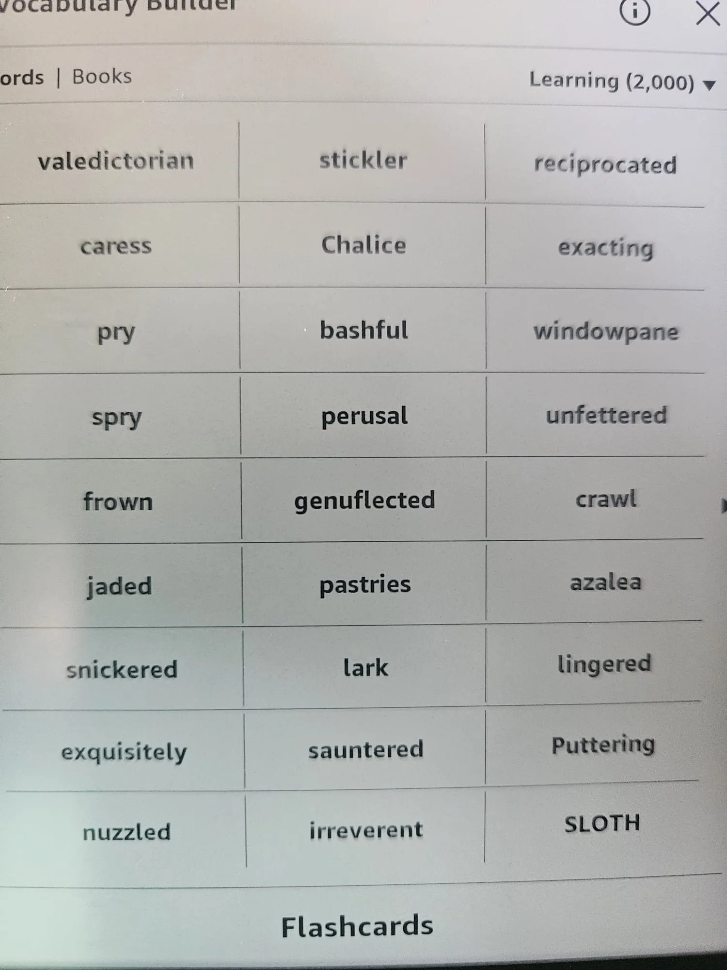 A Kindle screen showing the Vocabulary Builder page, a grid of looked-up words