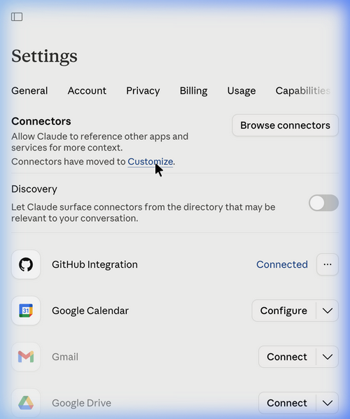 Claude settings customize page