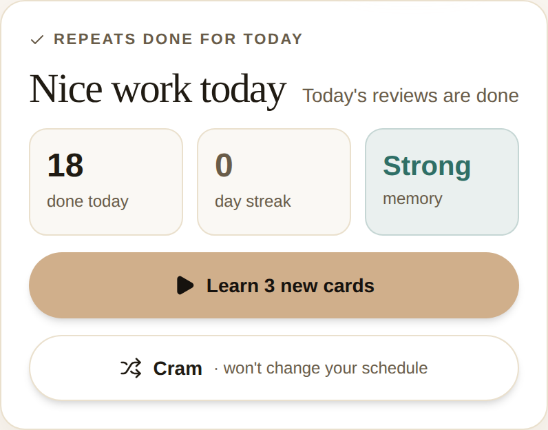 The cleared banner: Nice work today, with Learn new cards and a Cram option below