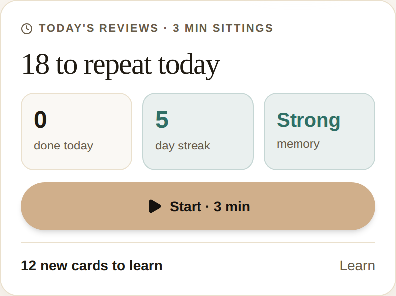 Quick Session leading with the cards to repeat today, with new cards to learn shown quietly beneath the Start button