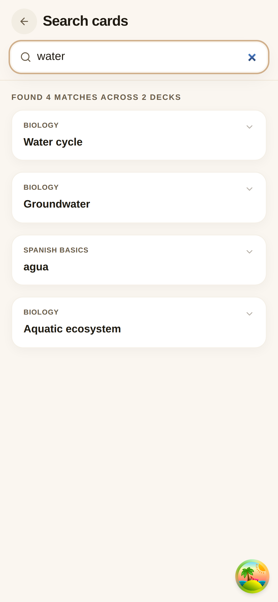 Searching "water" surfaces matching cards from both the Biology and Spanish Basics decks, with the deck each card lives in shown above it