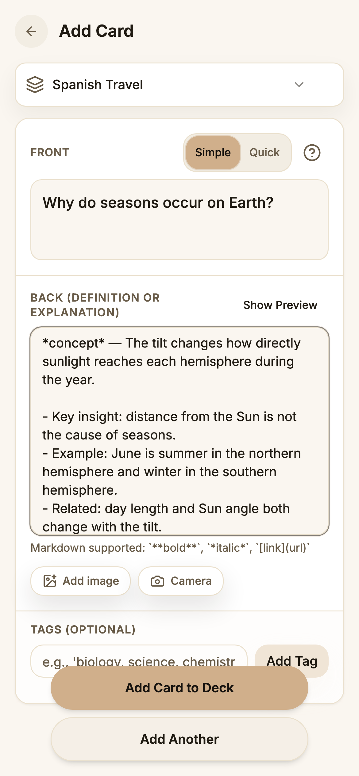 ouou mobile card editor with a seasons question and a structured answer drafted from an AI explanation.