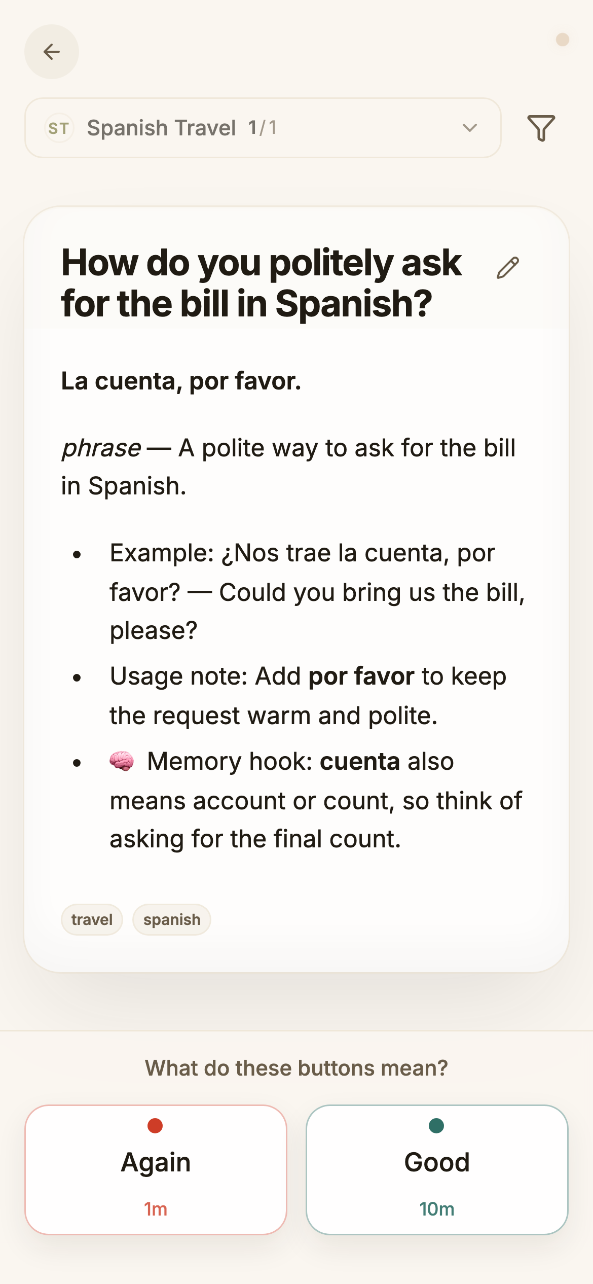ouou mobile review screen showing a Spanish Travel card with the answer revealed and rating buttons ready.