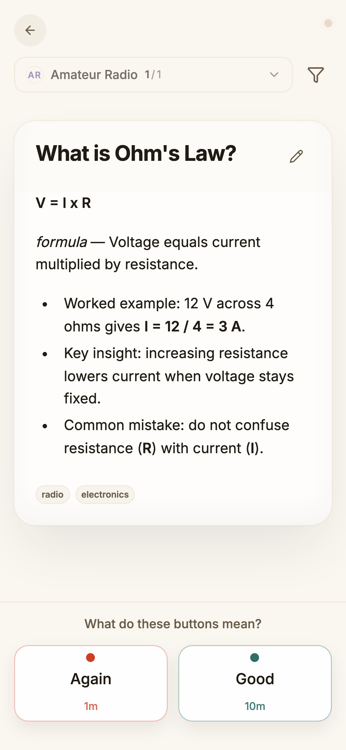 ouou mobile practice screen showing an Ohm's Law card with a structured answer and rating buttons.